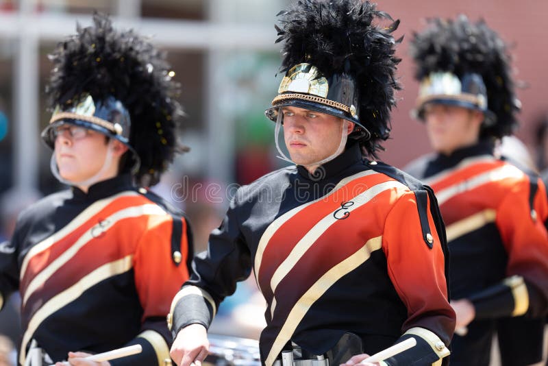 Buckhannon, West Virginia, USA - May 18, 2019: Strawberry Festival, The Elkins High School Marching Band performing at the parade. Buckhannon, West Virginia, USA - May 18, 2019: Strawberry Festival, The Elkins High School Marching Band performing at the parade