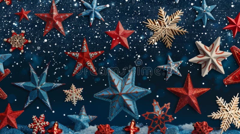 A festive arrangement of red, blue, and white stars and snowflakes on a dark backdrop, symbolizing patriotic celebration. AI generated. A festive arrangement of red, blue, and white stars and snowflakes on a dark backdrop, symbolizing patriotic celebration. AI generated