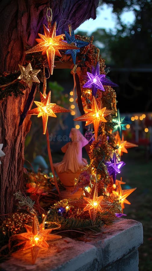 Festliche Gartenausstellung mit beleuchteter Sternendekoration, Tinkelgarland und antike Engelstatue. lizenzfreie stockbilder