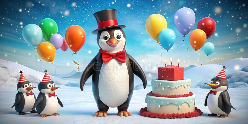 Festliche Pinguin-Geburtstagsfeier mit Kuchen und Ballons in einer verschneiten Landschaft. Generative AI stock abbildung