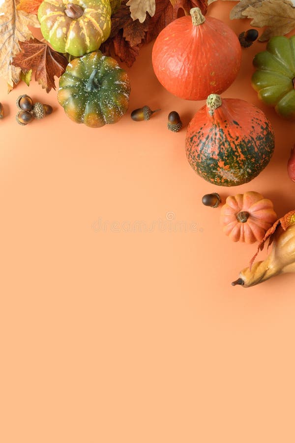 Festliche vertikale Zusammensetzung der Kürbiskuchen farbige Blätter. Erntetag und Halbjahr. lizenzfreie stockfotografie