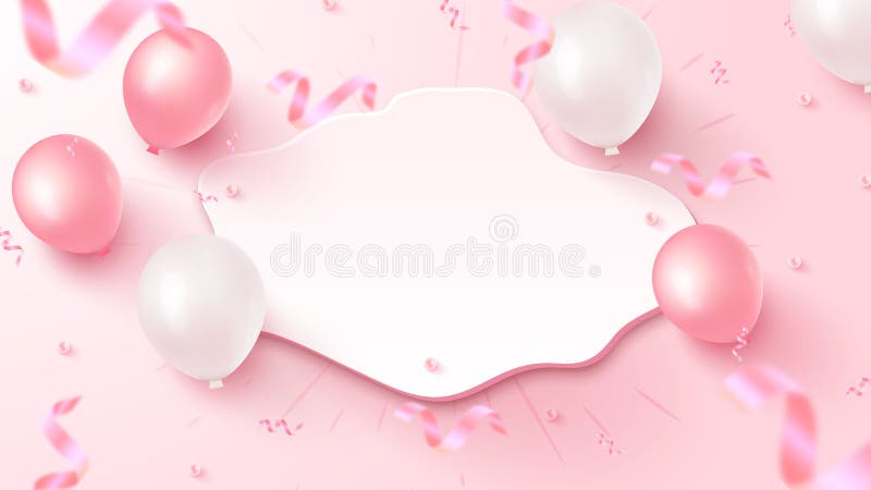 Festlicher Fahnenentwurf mit weißem benutzerdefiniertem Formrosa- und weißemfallendem Folienkonfetti der Luftballone auf rosigem H vektor abbildung