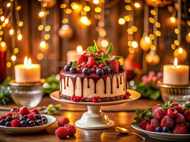 Festliches Geburtstagsfest mit einem beeindruckenden Esstisch mit dekadentem Beerenkuchen und eleganten Bukeeffekten vektor abbildung