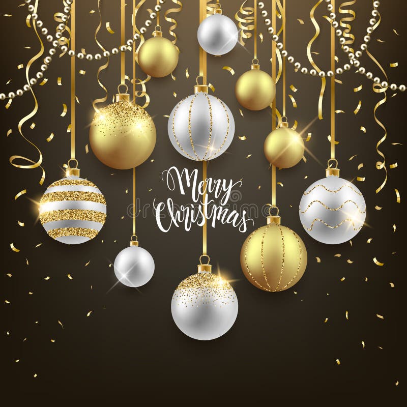 Festlig bakgrundsdesign för jul och för nytt år, dekorativa guld- bollar med konfettier, vektorillustration royaltyfri illustrationer Festlig bakgrundsdesign för jul och för nytt år, dekorativa guld- bollar med konfettier, vektorillustration royaltyfri illustrationer