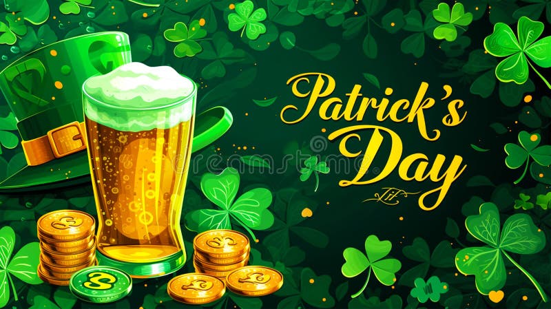 Festlig illustration på grön bakgrund med en bild av en hatt ett glas irish ale- och antika mynt i heder vektor illustrationer