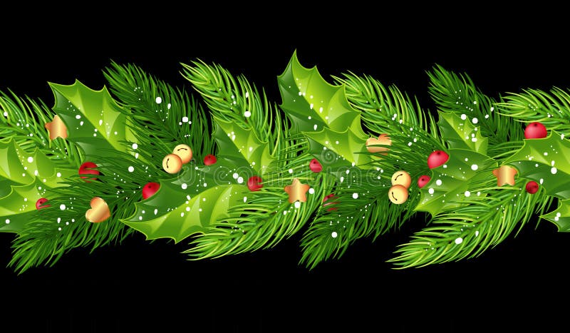 A festão sem emenda do Natal com abeto ramifica, azevinho, bagas, b ilustração stock A festão sem emenda do Natal com abeto ramifica, azevinho, bagas, b ilustração stock