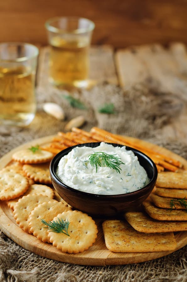 Feta Cream Cheese Dill Garlic Dip with Crackers Stock Photo - Image of ...