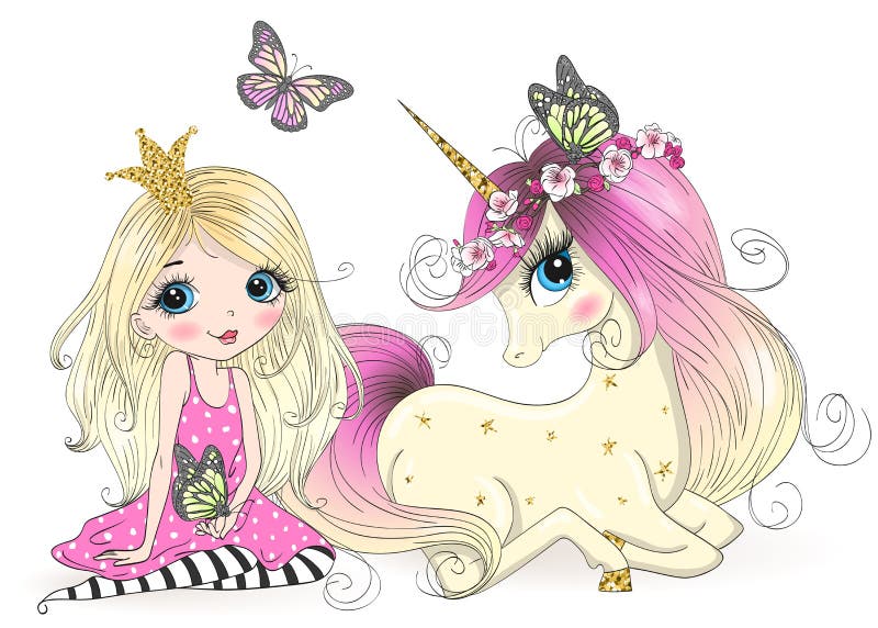 Fete frumoase și drăguțe cu unicorn. stock illustration
