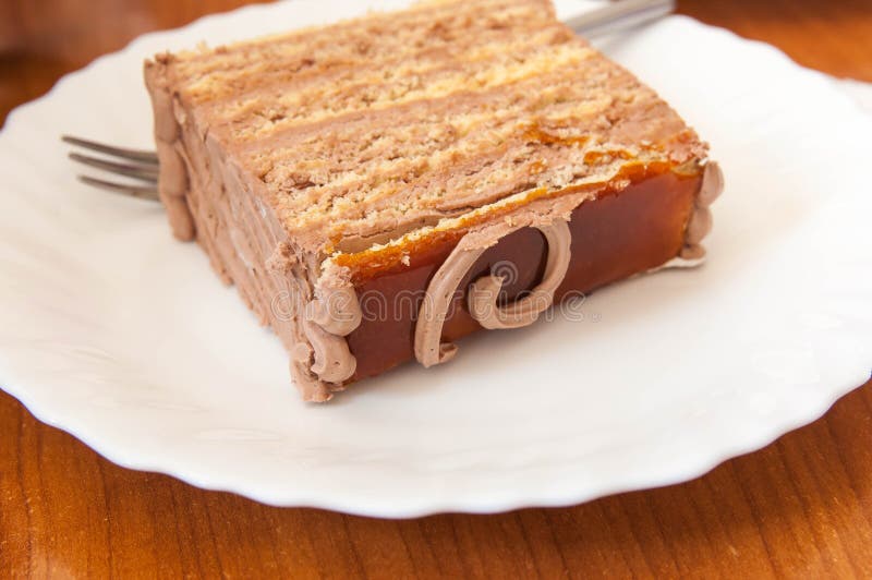 Fetta deliziosa di wallnut, dolce del caramello sul piatto bianco immagine stock libera da diritti Fetta deliziosa di wallnut, dolce del caramello sul piatto bianco immagine stock libera da diritti