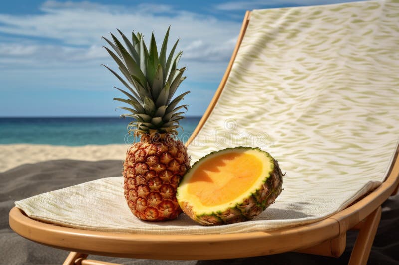 Fetta di ananas su un piatto accanto a un piattino da spiaggia fotografie stock