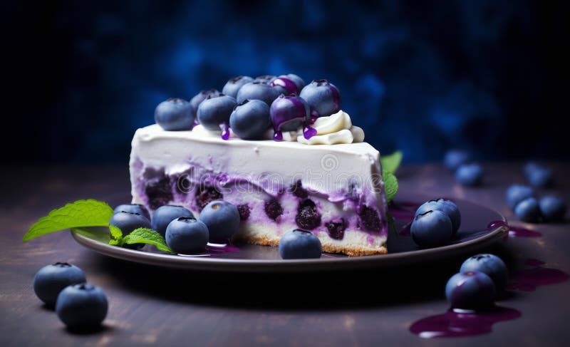 Fetta di cheesecake al mirtillo rovesciata con mirtilli freschi su un piatto scuro contro uno sfondo blu scuro illustrazione vettoriale
