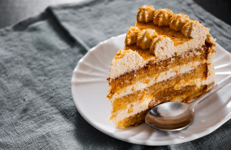 Fetta di dolce di miele stratificato in un piatto fotografia stock libera da diritti Fetta di dolce di miele stratificato in un piatto fotografia stock libera da diritti