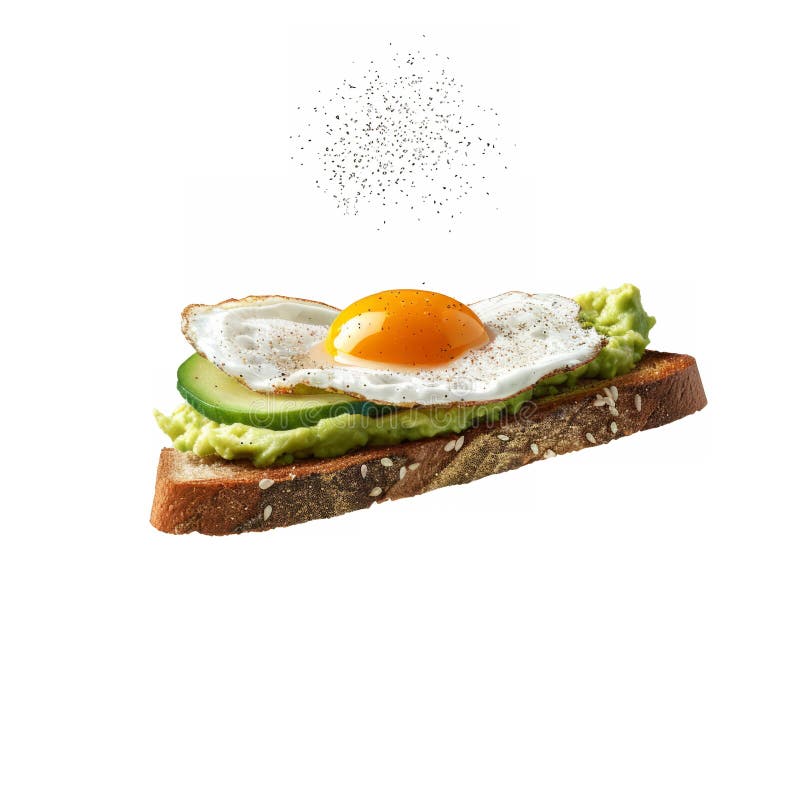 Fetta di pane tostato con un uovo fritto che vola su un piatto circondato da un alone di luce. fotografie stock libere da diritti