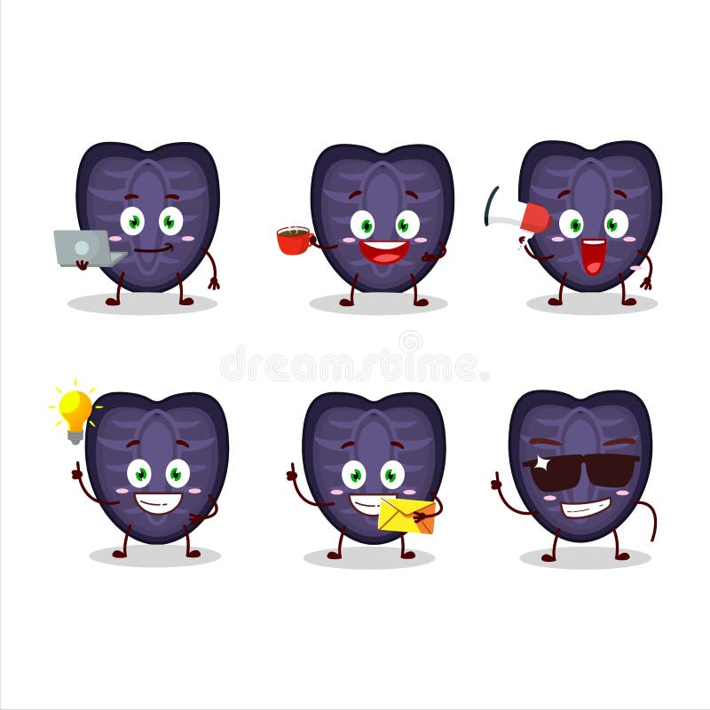 Fetta di personaggio di cartoni animati di fragole nere con vari tipi di emoticon per affari illustrazione vettoriale