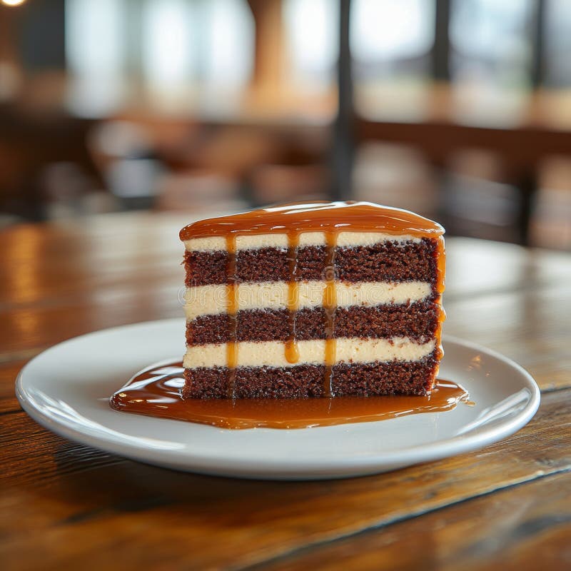 Fetta di torta al cioccolato sensuale con decorazione di caramel su piastra bianca Rustic Cafe Ambiance illustrazione di stock