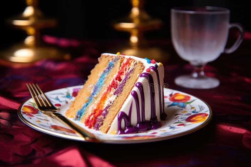 Fetta di torta su un piatto festoso vicino al tovagliolo immagini stock libere da diritti