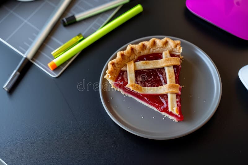 Fetta di torta sulla piastra accanto al mouse pad e agli evidenziatori creati con l'aria generativa generata