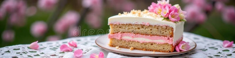 Fetta di vaniglia e di fragole con fiori rosa sulla tovaglia immagine stock libera da diritti