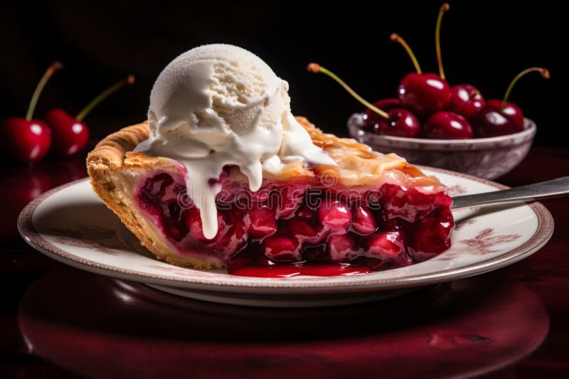 Fetta perfetta di torta di ciliegie ricoperta di gelato cremoso servita su un piatto bianco fotografie stock libere da diritti