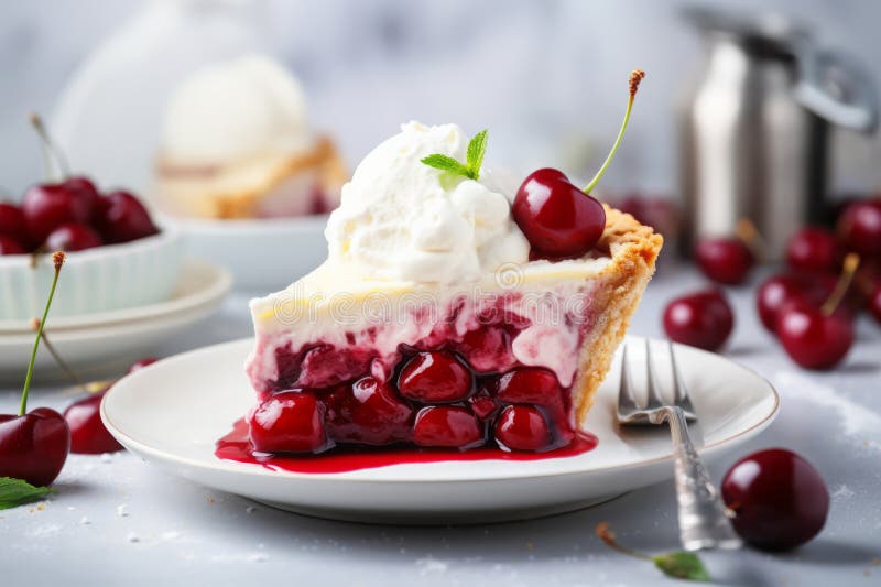Fetta perfetta di torta di ciliegie ricoperta di gelato cremoso servita su un piatto bianco immagine stock