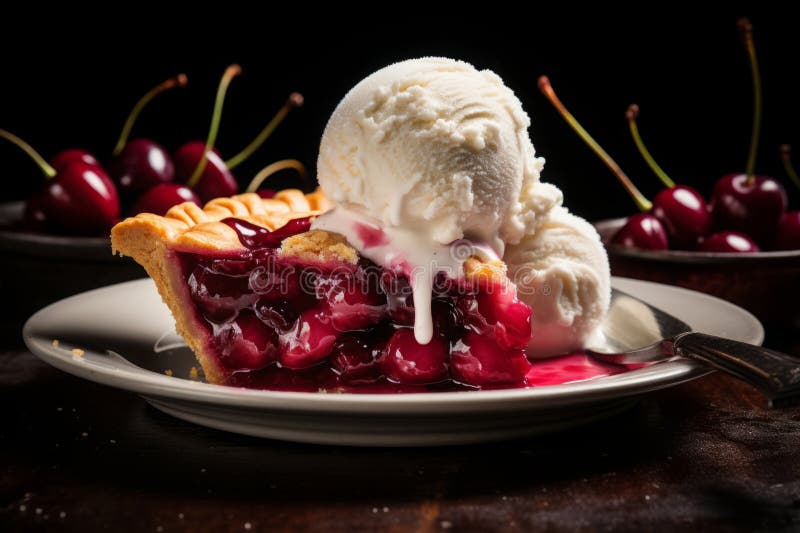 Fetta perfetta di torta di ciliegie ricoperta di gelato cremoso servita su un piatto bianco immagini stock libere da diritti