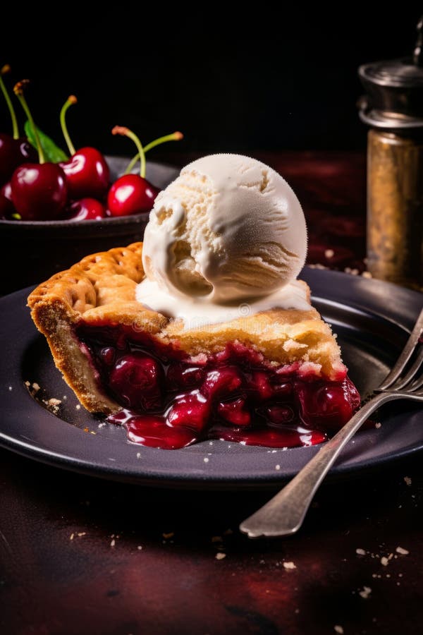 Fetta perfetta di torta di ciliegie ricoperta di gelato cremoso servita su un piatto bianco immagini stock