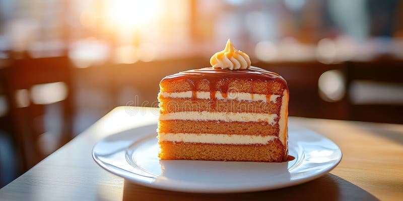 Fetta volgare di Torta di Caramel a strati su White Plate Rustic Cafe Setting con Sunlight royalty illustrazione gratis