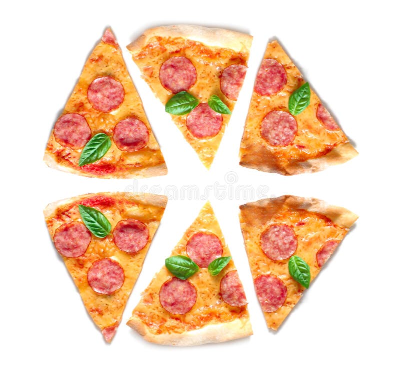 Fette di pizza di merguez saporita su fondo bianco immagine stock Fette di pizza di merguez saporita su fondo bianco immagine stock