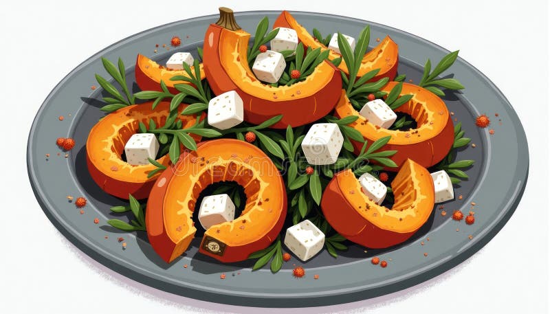 Fette di zucca torrefatta servite di insalata con erbe di formaggio feta. pezzi di zucca disposti su piastra grigia. appetitoso pi illustrazione vettoriale