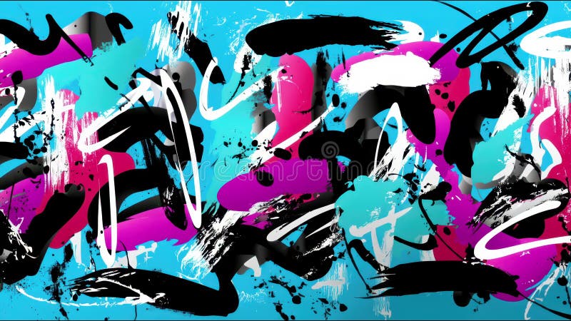Fettformatige abstrakte Kunst mit dynamischen schwarz-weiß-rosa Strichen über einer hellblauen Basis stock video