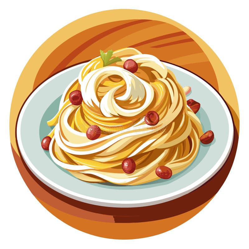 Fettuccine carbonara in einer Platte. Nudeln mit Carbonara-Sauce und Speck. Braune Hintergrundansicht. lizenzfreie abbildung