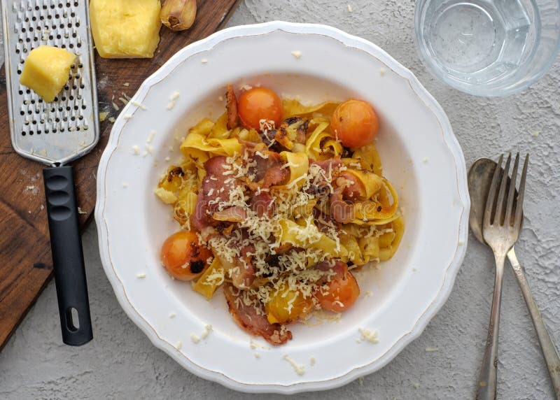 Fettuccine Pasta with Cherry Tomatoes and Bacon. Stock Image Image of