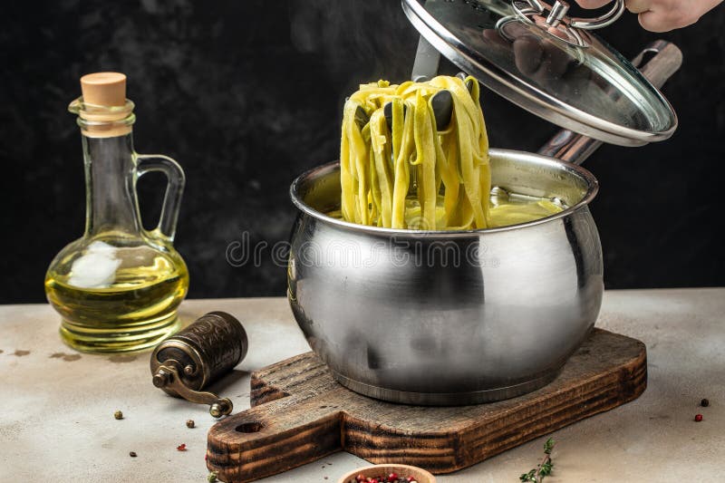 Fettuccine Pasta in Pan Cooking in Boiling. Top View Stock Image