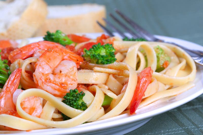 Fettuccine Pasta with Shrimp and Vegetables Stock Image - Image of
