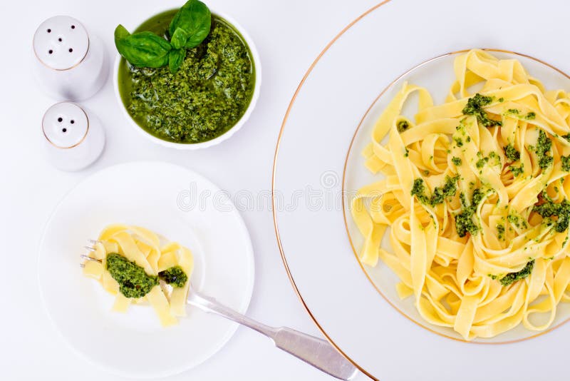 Fettuccine and Tagliatelle with Basil Pesto Stock Photo Image of