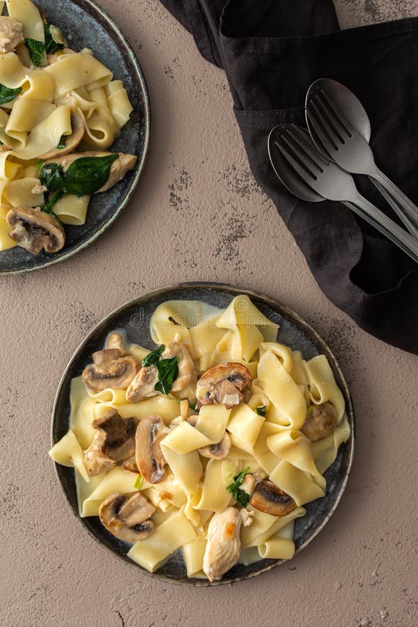Fettuccini Pasta with Mushrooms and Chicken Breast Stock Image - Image