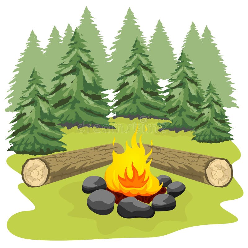 Feu de camp avec des pierres et la clairière en bois de forêt d'identifiez-vous