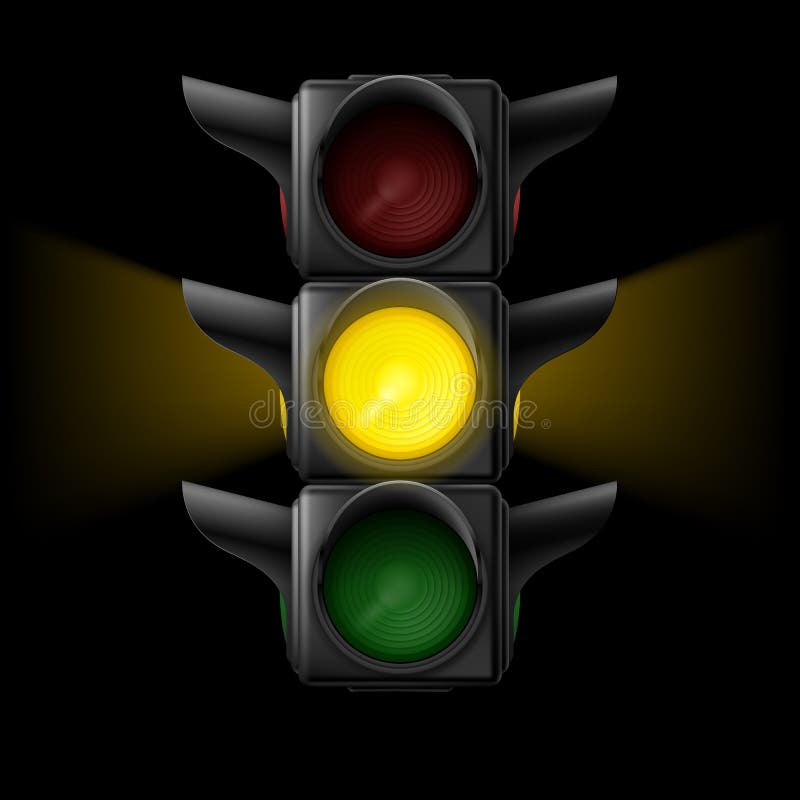 Realistic traffic lights with yellow lamp on. Wait signal. Illustration on black. Realistic traffic lights with yellow lamp on. Wait signal. Illustration on black