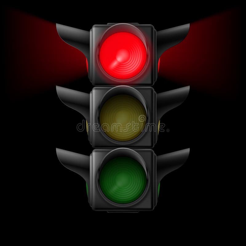 Realistic traffic lights with red lamp on. Illustration on black background. Realistic traffic lights with red lamp on. Illustration on black background