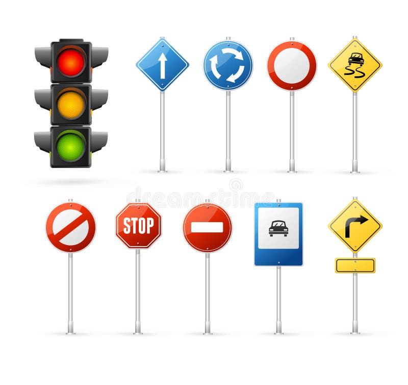 Feu de signalisation et ensemble de panneau routier Vecteur illustration stock Feu de signalisation et ensemble de panneau routier Vecteur illustration stock