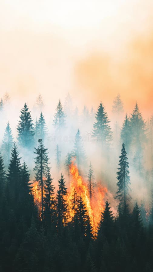 Feuchte Wälder verbraucht durch intensive Feuer bei Sonnenaufgang mit dicken Rauch und Flammen zwischen hohen Bäumen AI Generative lizenzfreies stockbild