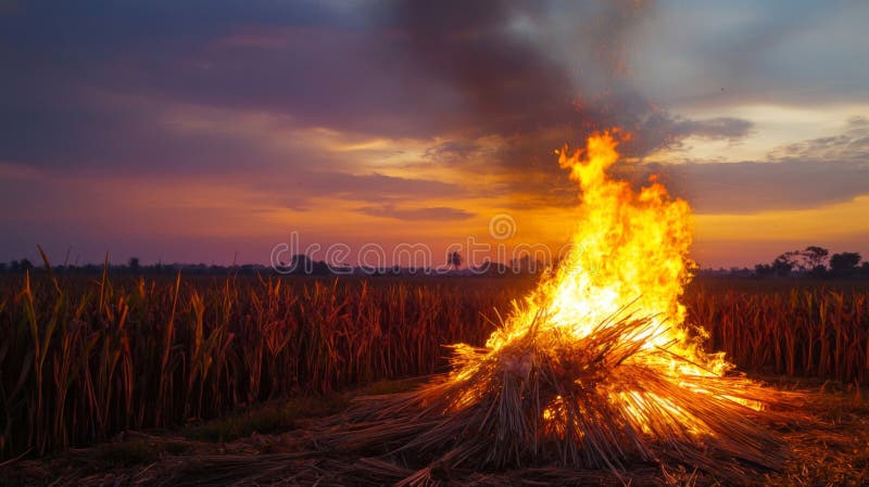 Feuer bei Sonnenuntergang inmitten eines Feldes verwelkter Pflanzen vektor abbildung