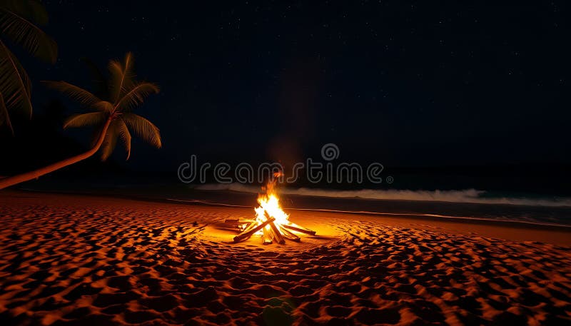 Feuer am Strand am Nachtfeuer Ozean Blick entspannende Abend Stock Foto Generative AI lizenzfreie abbildung