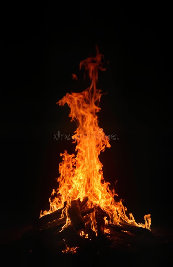 Feuerbrand vor dunklem Hintergrund. Brennholz. Flammen steigen hoch. abstrakte künstlerische Sicht auf das Lagerfeuer. Orangenflec lizenzfreie abbildung