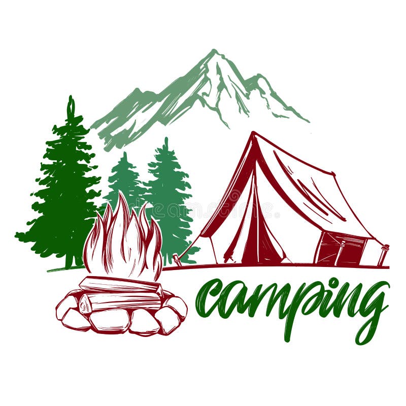 Feuern Sie Emblem, Rest im Wald, kampierende Hand gezeichnete realistische Skizze der Vektorillustration ab stock abbildung