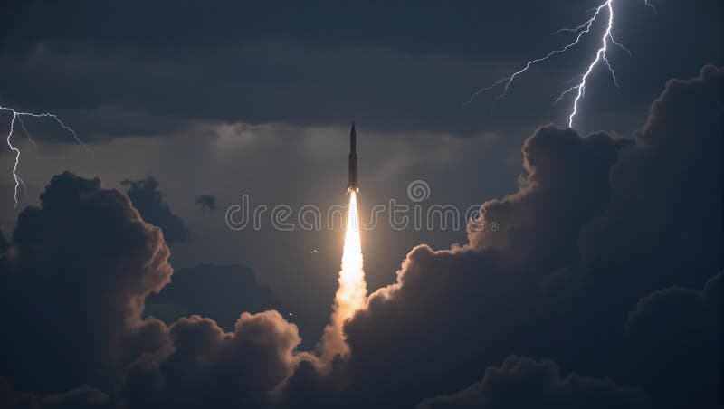 Feuerraketenstart in stürmischen Himmel mit Blitzschrauben. Bilder werden mithilfe künstlicher Intelligenzwerkzeuge erzeugt.