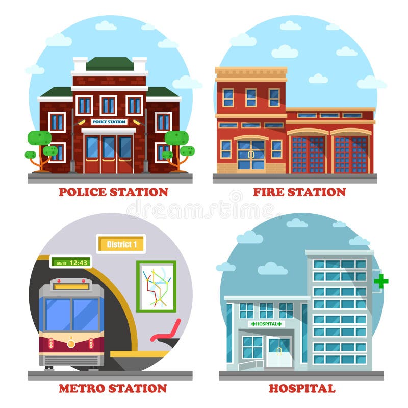 Feuerwache und Krankenhausgebäude, Metro, Polizei vektor abbildung Feuerwache und Krankenhausgebäude, Metro, Polizei vektor abbildung