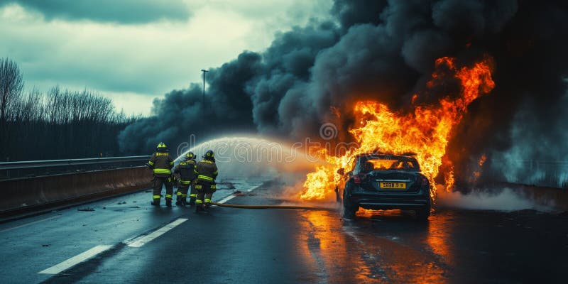 Feuerwehrleute kämpfen tapfer gegen ein brennendes Fahrzeug auf der Autobahn, während dicker Rauch die Luft füllt. diese dramatisc lizenzfreie stockbilder