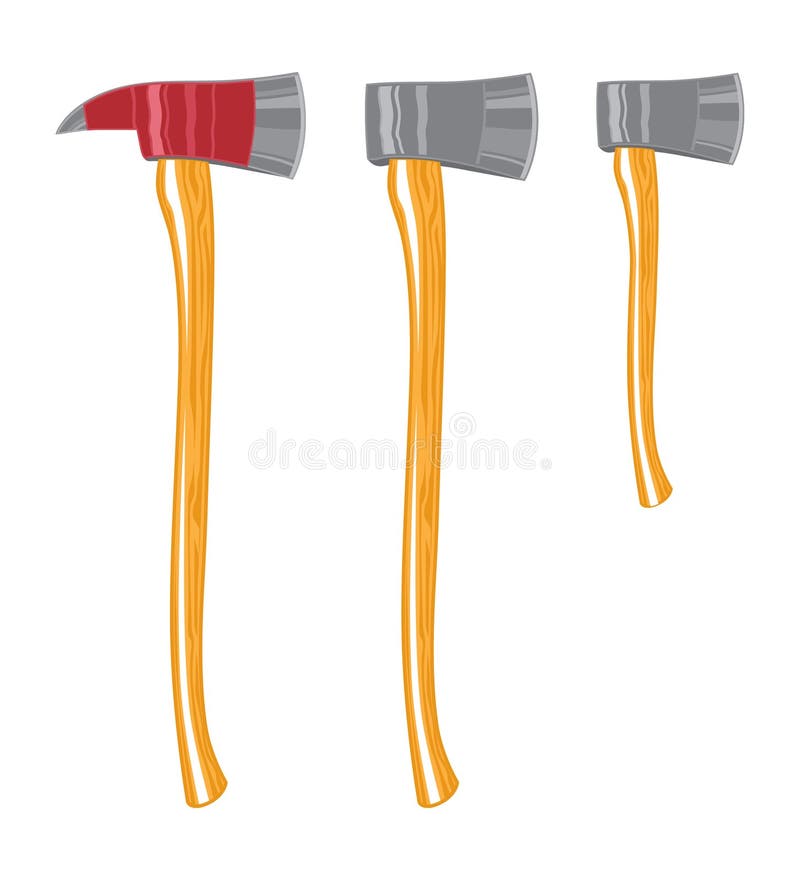 Illustration of a firefighter axe, a standard axe and a hatchet. Illustration of a firefighter axe, a standard axe and a hatchet