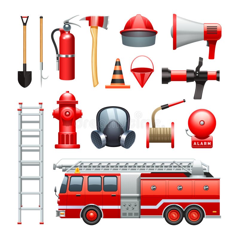 Firefighter tools equipment and engine red realistic icons collection with water house and extinguisher abstract vector illustration. Firefighter tools equipment and engine red realistic icons collection with water house and extinguisher abstract vector illustration